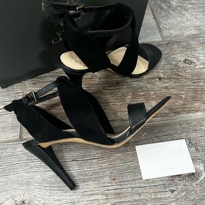 Vince Camuto Leather Black Open Toe Heels with Suede Accents.